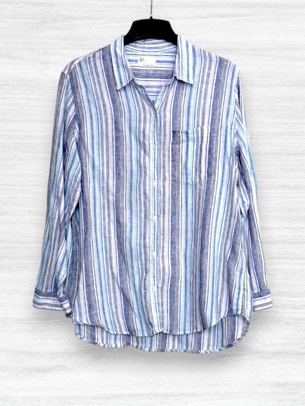 Gap Womens Blue White Striped Boyfriend Fit Linen Button Down Shirt Preppy XL
